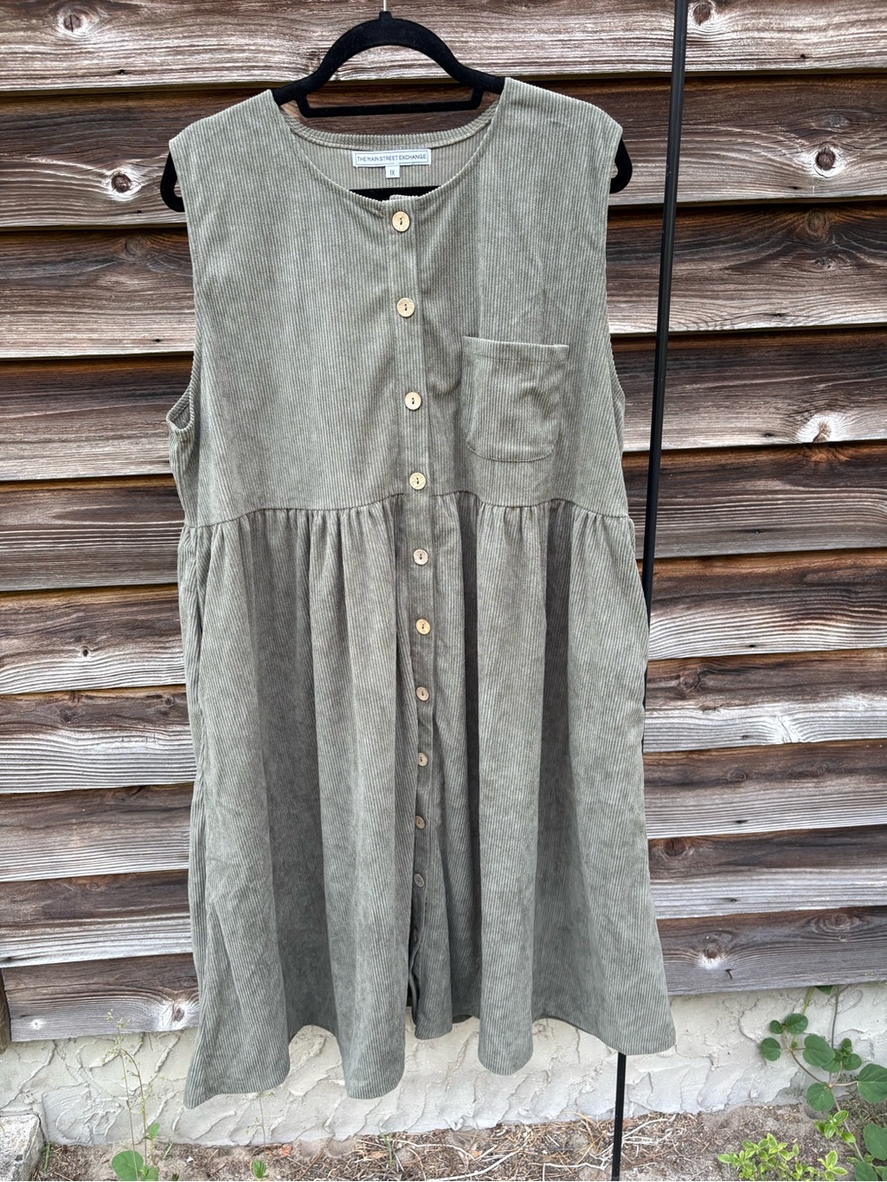 Sleeveless Button-Front Corduroy Dress in Olive Green